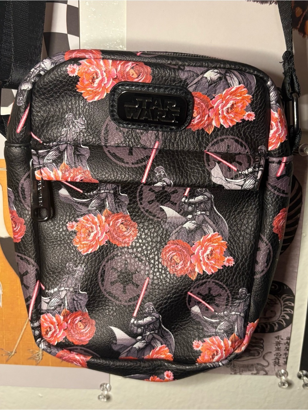 Buckle-Down Star Wars Darth Vader Floral Crossbody Bag Black Red Roses